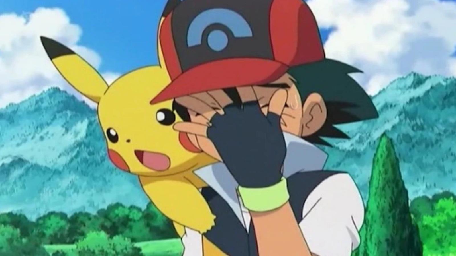 Ash facepalming with Pikachu on his shoulder