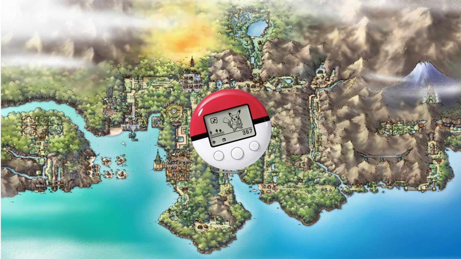 The Pokewalker device on top of a map of the Johto region