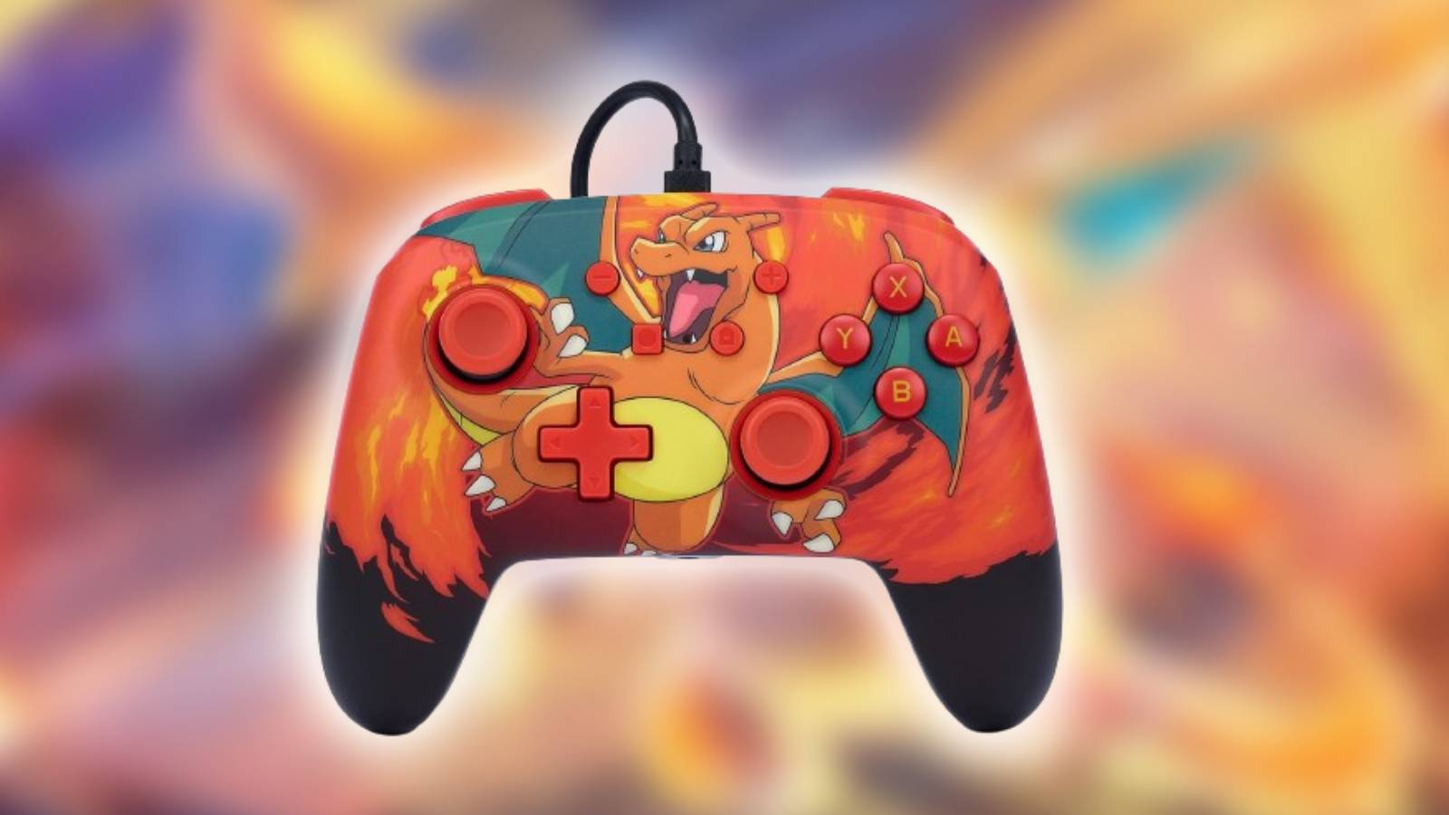 A Charizard controller is shown against a blurred background