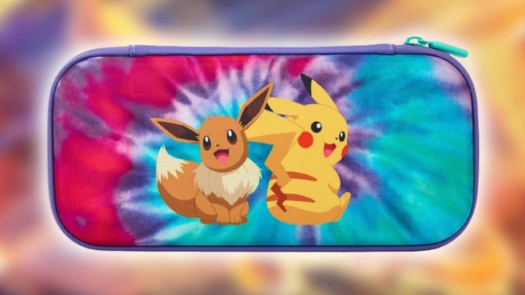 A Nintendo Switch case featuring Eevee and Pikachu is shown against a blurred background