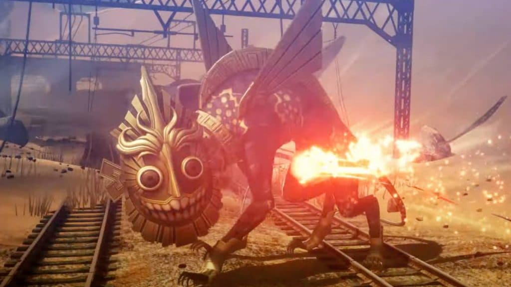 A Shin Megami Tensei V: Vengeance shows a demon wearing a large mask