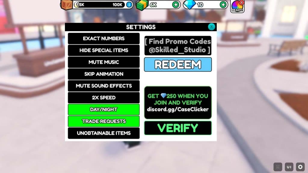 Image shows how to use codes in Roblox Case Clicker