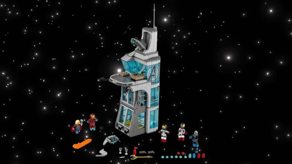 The LEGO Marvel Attack on Avengers Tower on a galaxy background