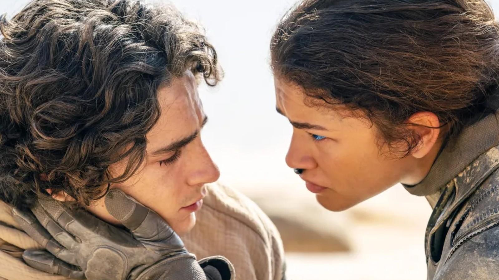 Timothee Chalamet and Zendaya sharing a tender moment in Dune Part Two.