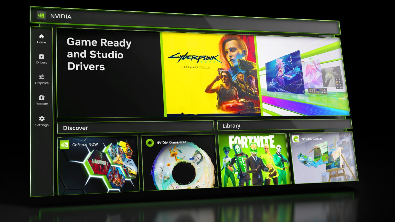 Nvidia App screenshot showing cyberpunk and other titles