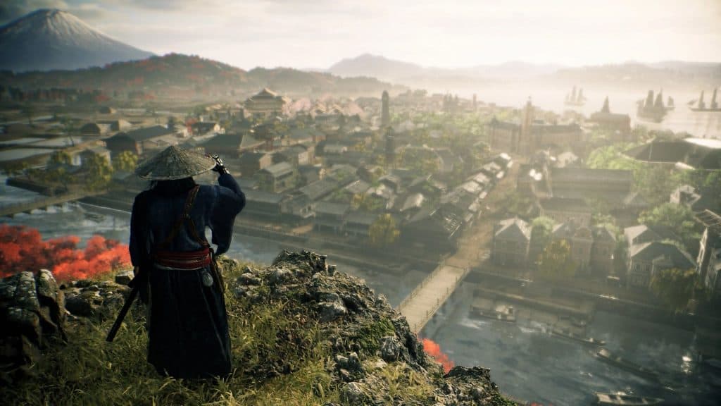 Rise of the Ronin samurai looking at a city
