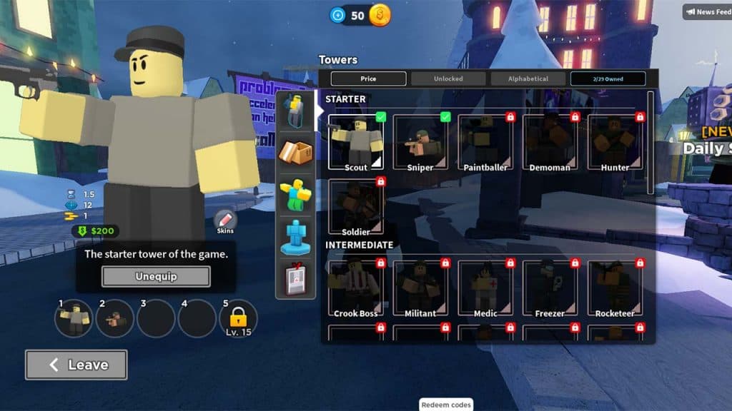 Units shop in Roblox TDS
