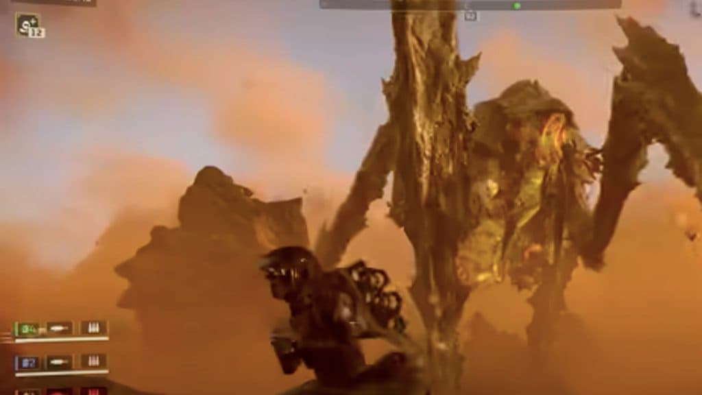 An image of Helldivers 2 gameplay featuring a Bile Titan.