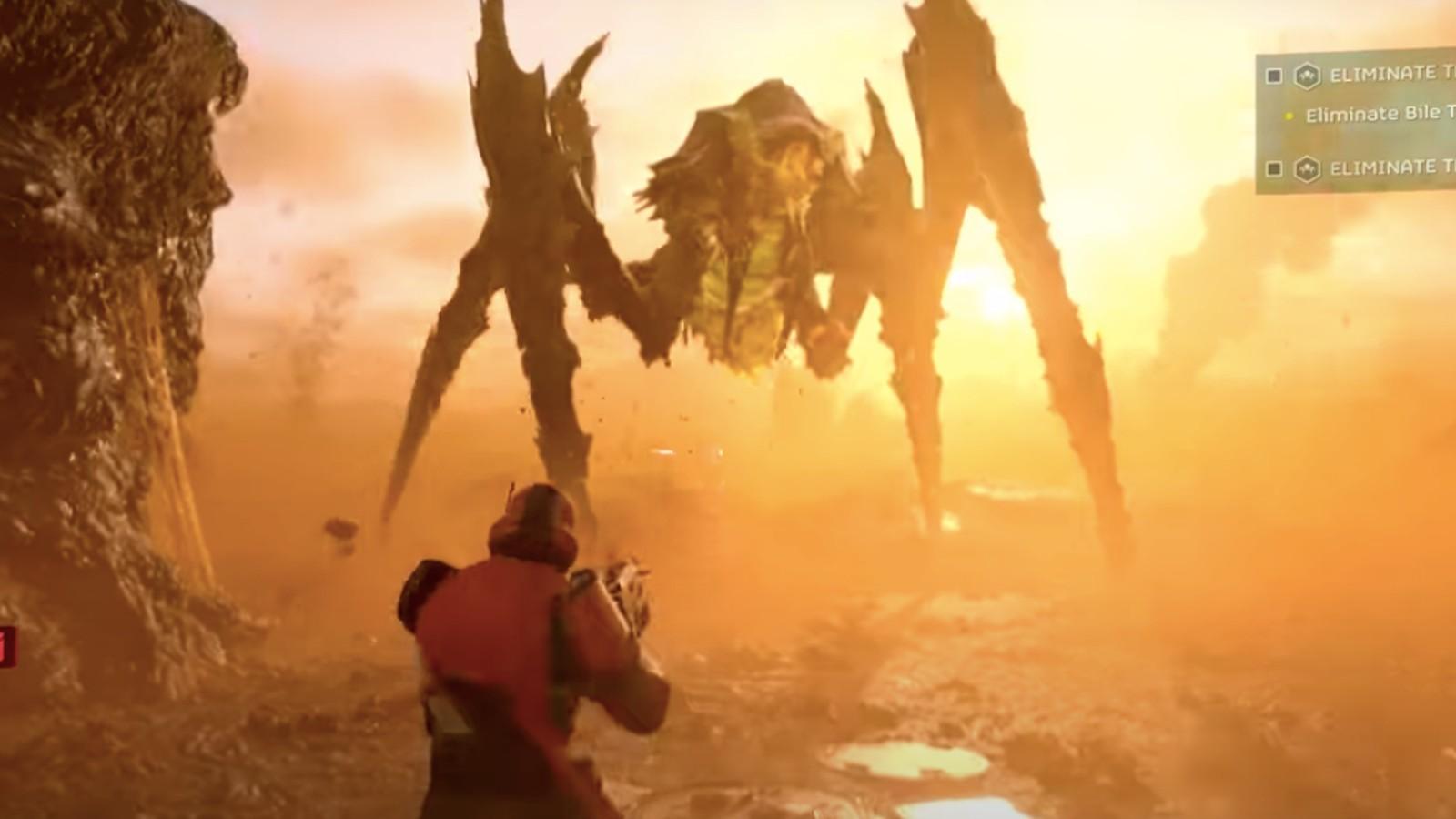 An image of a Bile Titan in Helldivers 2 gameplay.