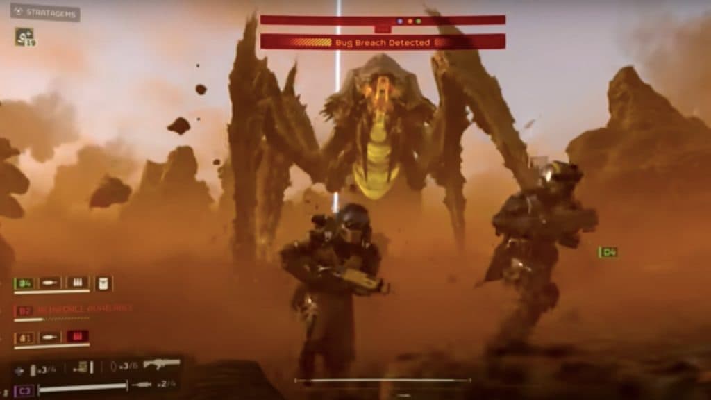 An image of gameplay featuring a Bile Titan in Helldivers 2.
