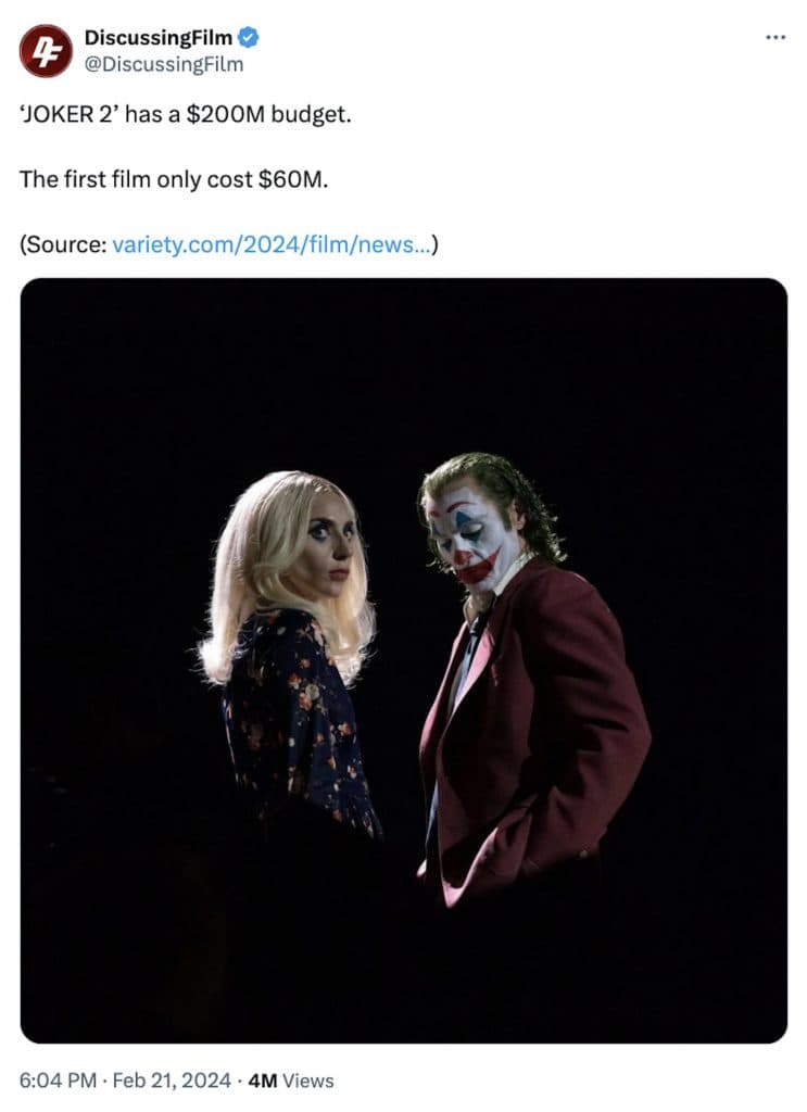 Tweet comparing Joker and Joker 2's budgets