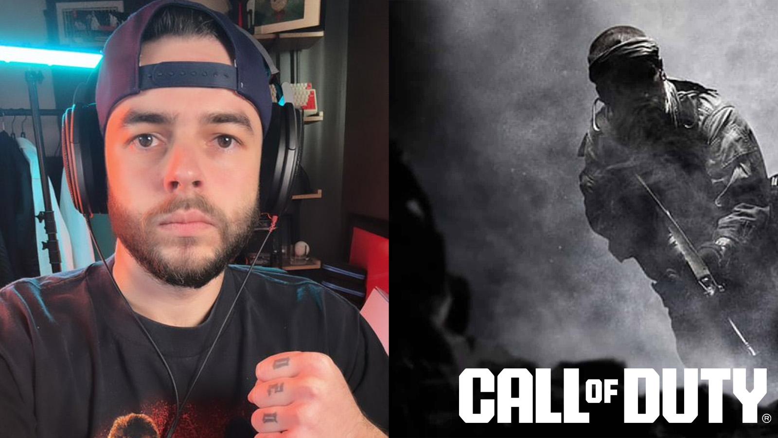 A picture of Nadeshot beside a piece of promotional art for Call of Duty
