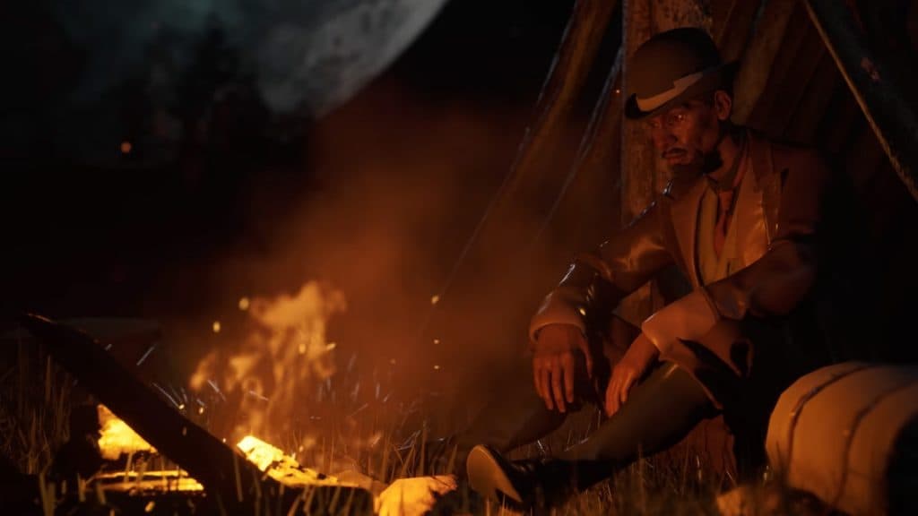 A characters rests by a campfire in Nightingale