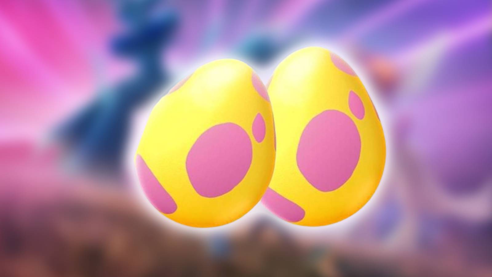 A pair of Pokemon eggs are visible against a blurred background