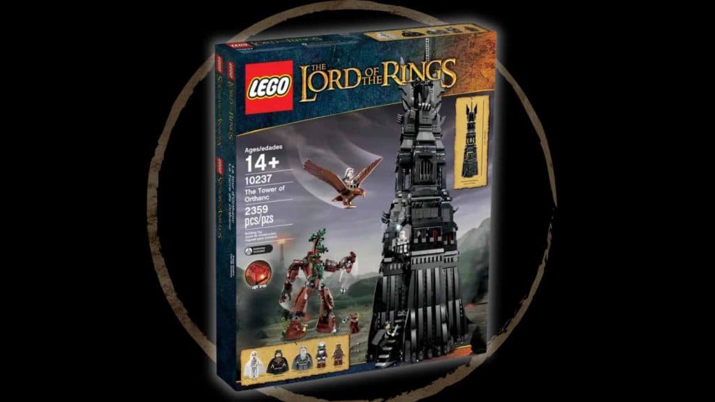 The LEGO-reimagined The Lord of the Rings The Tower of Orthanc on a black background with circle graphic.