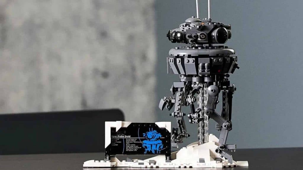The brick-built Star Wars Imperial Probe Droid on display