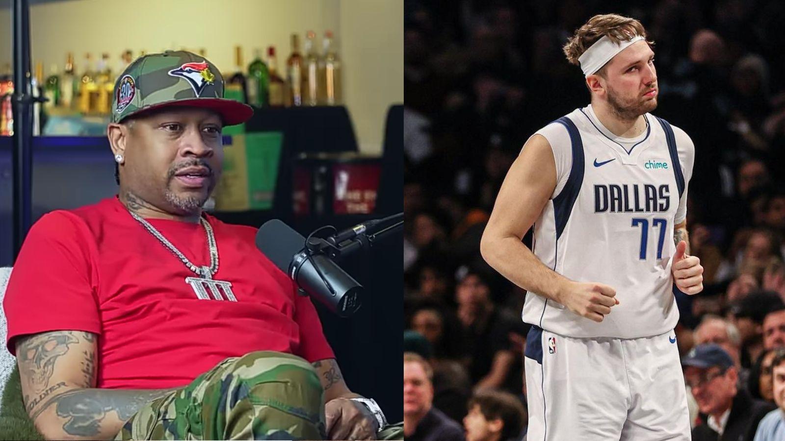 Allen Iverson (left) on the set of "The Big Podcast with Shaq," and Luka Doncic (right) on the court for the Dallas Mavericks.