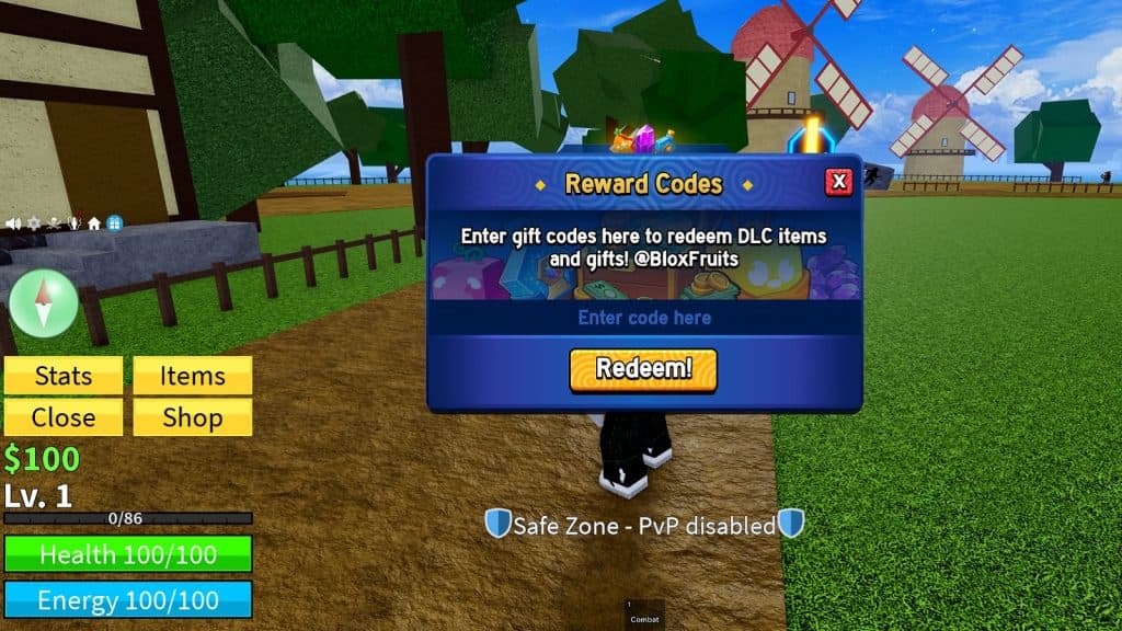 in-game screenshot featuring the code redeem page in Blox Fruits on Roblox.