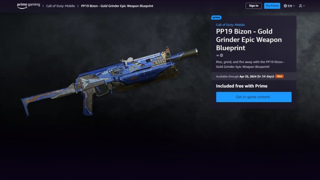 an image of PP19 Bizon Gold Grinder Epic Weapon Blueprint in CoD Mobile
