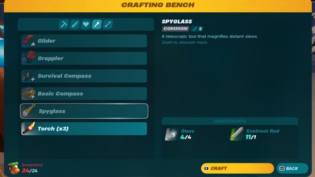A screenshot of materials to craft Spyglass in LEGO Fortnite.
