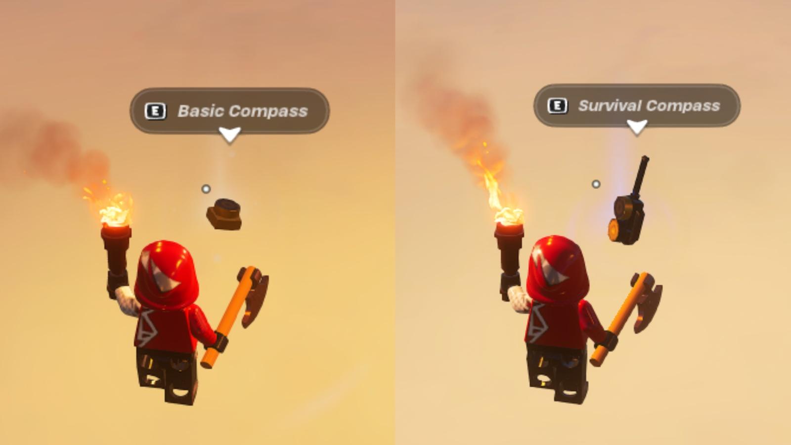 A screenshot featuring the Basic and Survival Compass in LEGO Fortnite.