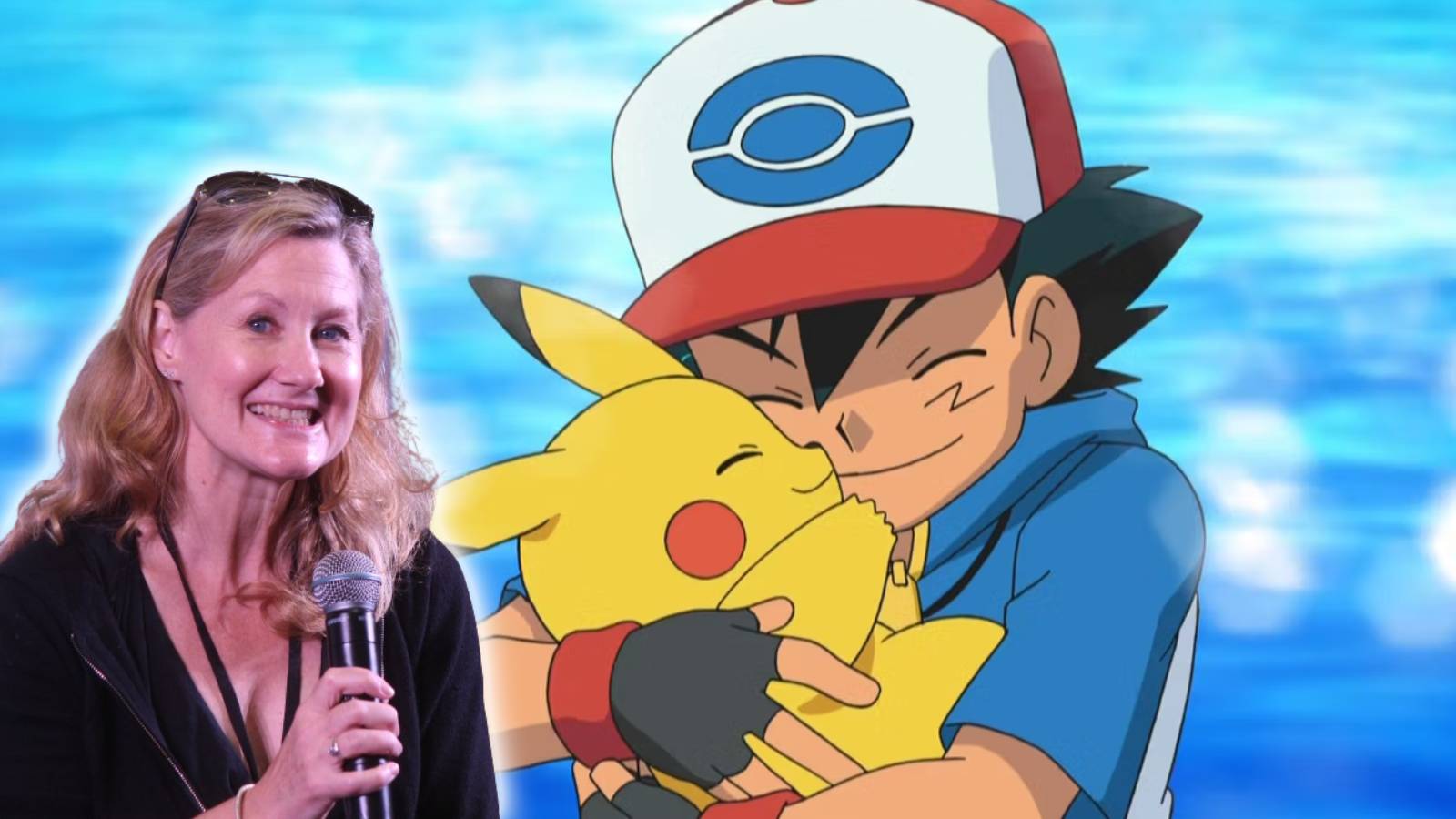 An image from the Pokemon anime shows Ash ketchum hugging pikachu, while on the left hand side, a head shot for voice actor Veronica Taylor is visible