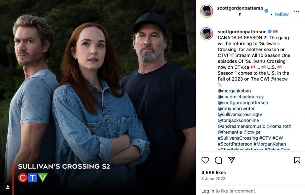 An Instagram post for Sullivan's Crossing by Scott Patterson.