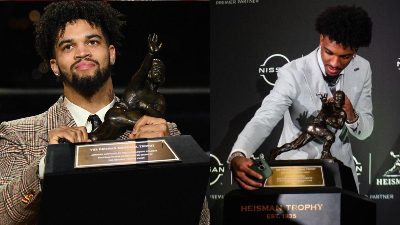 USC's Caleb Williams (left) and LSU's Jayden Daniels (right) receiving the Heisman Trophy in 2022 and 2023 respectively.