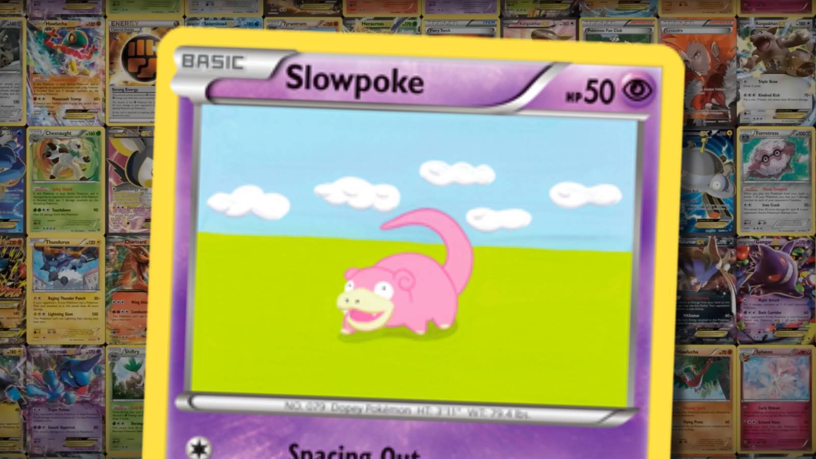 Slowpoke card on collage background.