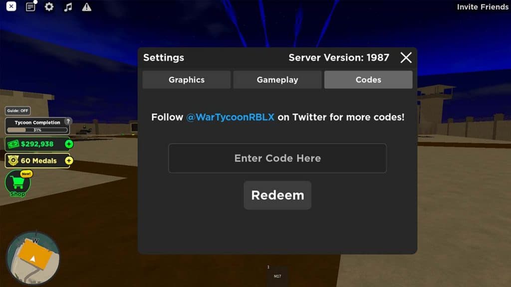 Image shows how to use codes in War Tycoon