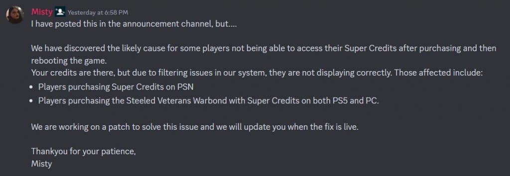 an image of disappearing Super Credits error message on Helldivers 2 discord server