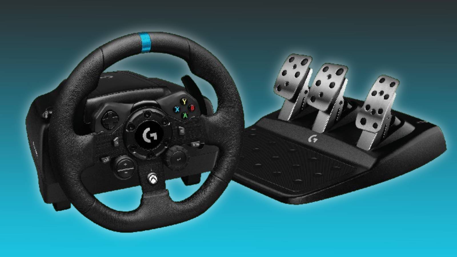 Image of the Logitech G923 Racing Wheel and Pedals on a blue and black background.