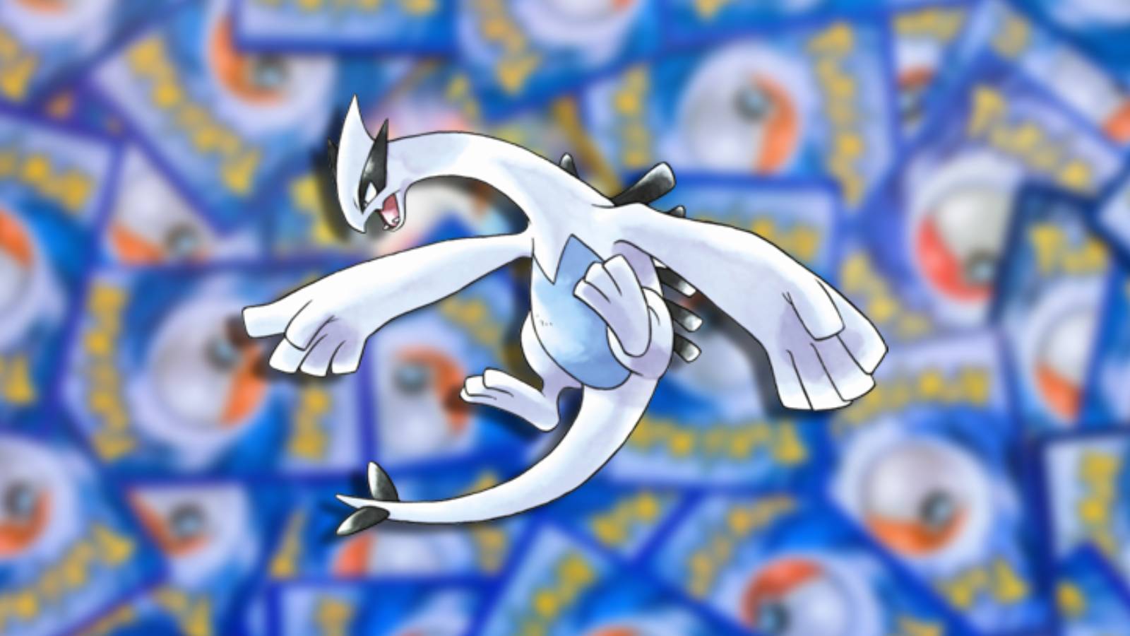 The Pokemon Lugia appears against a blurred background