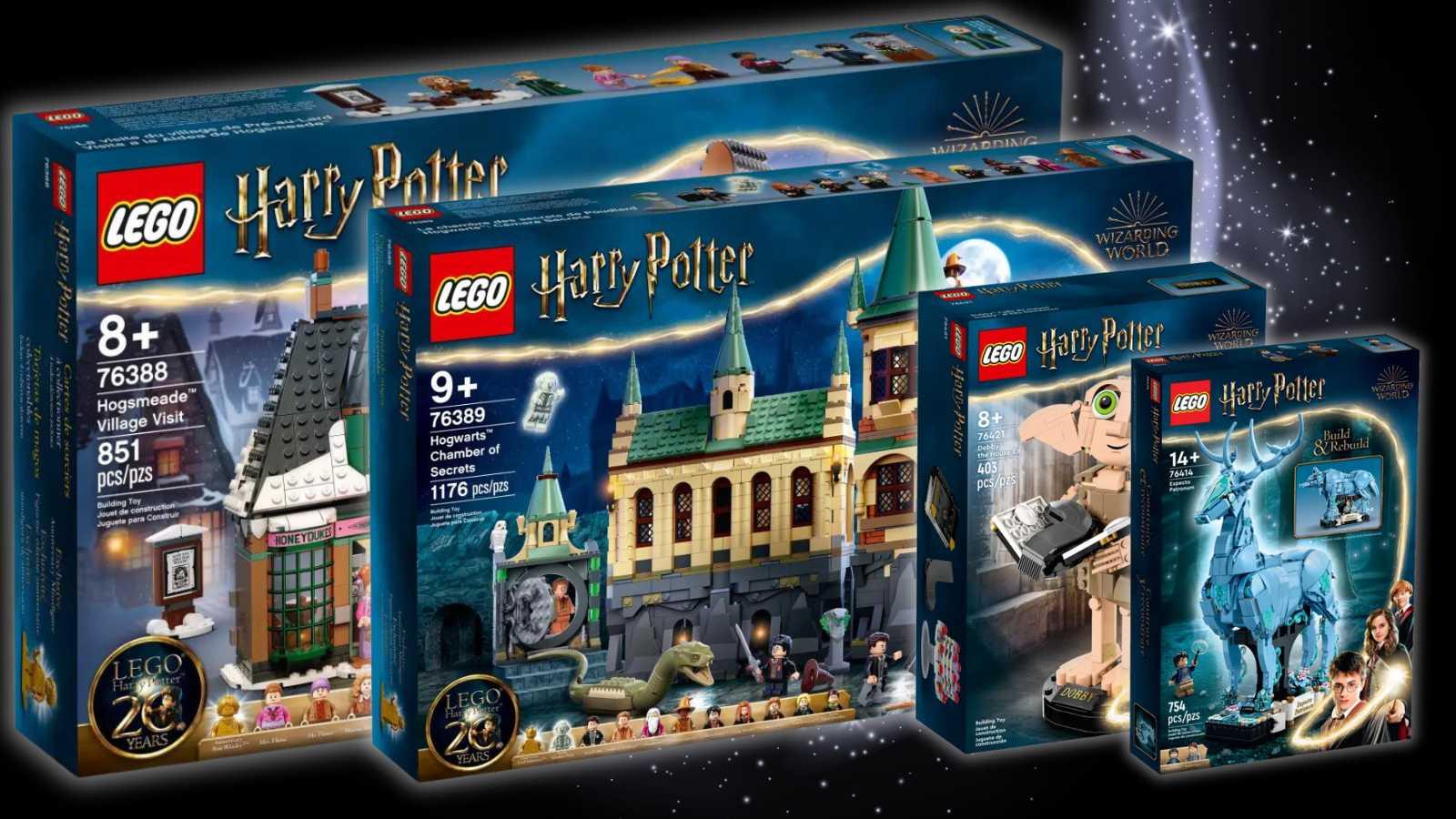The LEGO Harry Potter sets discounted by Amazon on a black background with a magic graphic