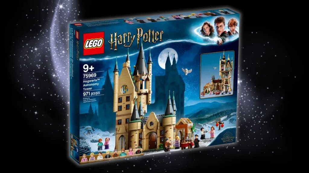 The LEGO Harry Potter Hogwarts Astronomy Tower on a black background with a magic graphic