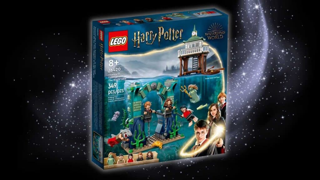 The LEGO Harry Potter Triwizard Tournament: The Black Lake set on a black background with magic graphic