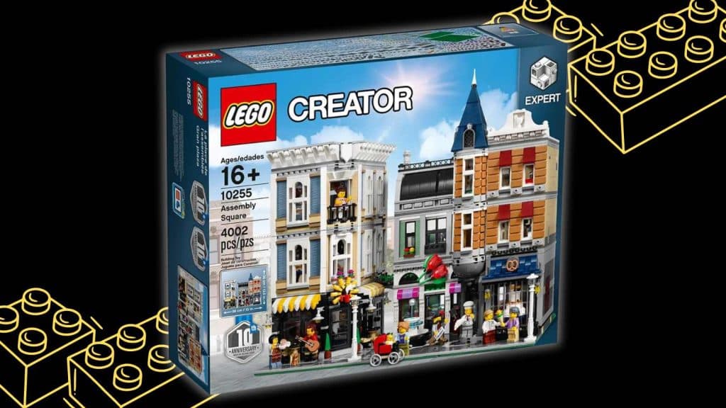 The LEGO Creator Expert Assembly Square on a black background with LEGO brick graphics