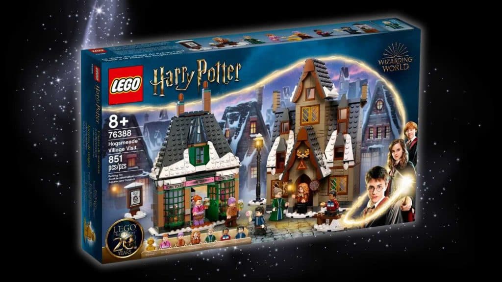 The LEGO Harry Potter Hogsmeade Village Visit on a black background with a magic graphic