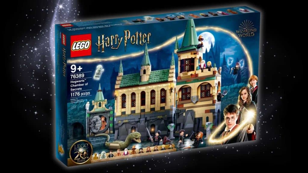 The LEGO Harry Potter Hogwarts Chamber of Secrets on a black background with a magic graphic