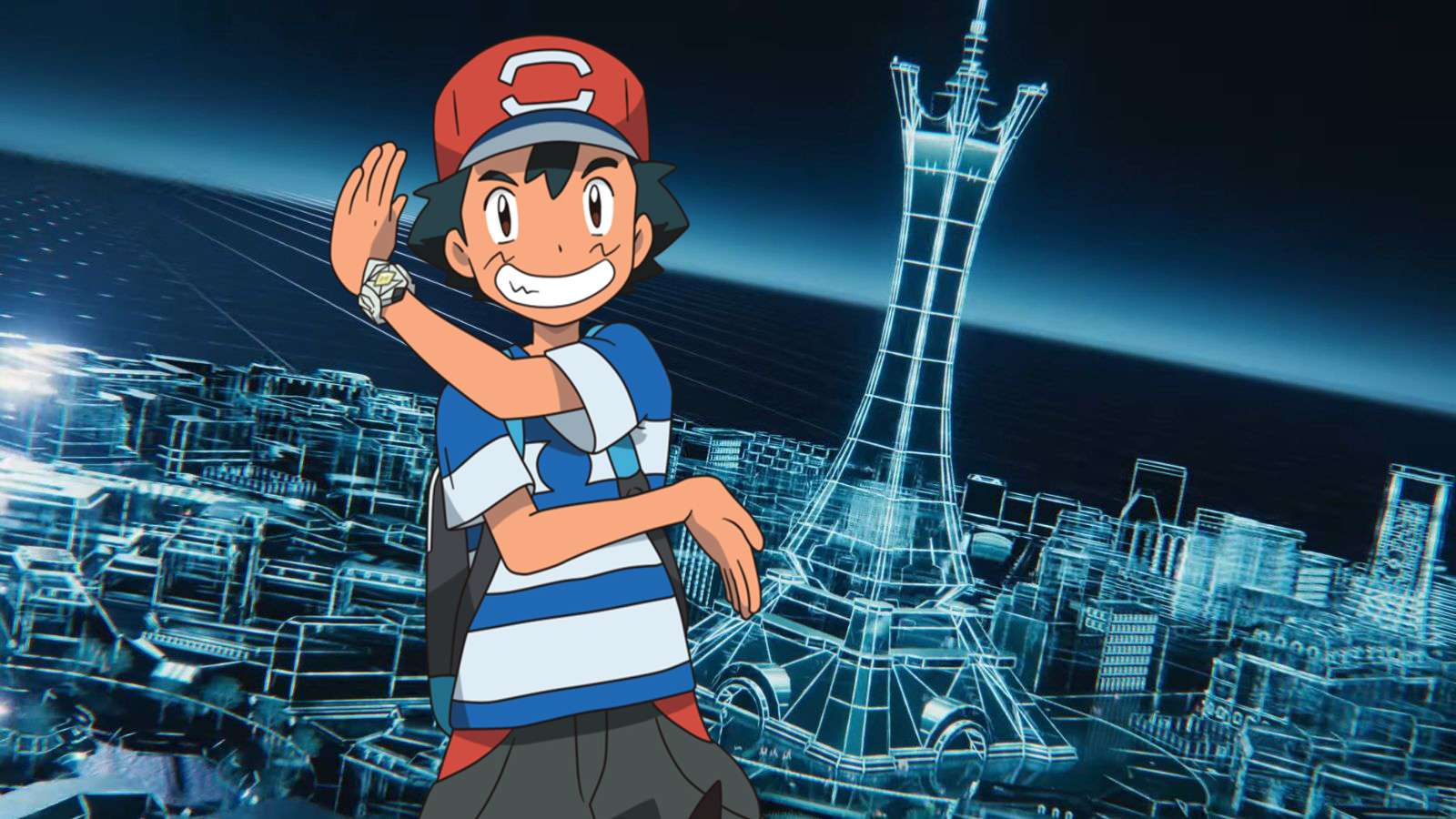 Ash surprised in front of Lumiose City