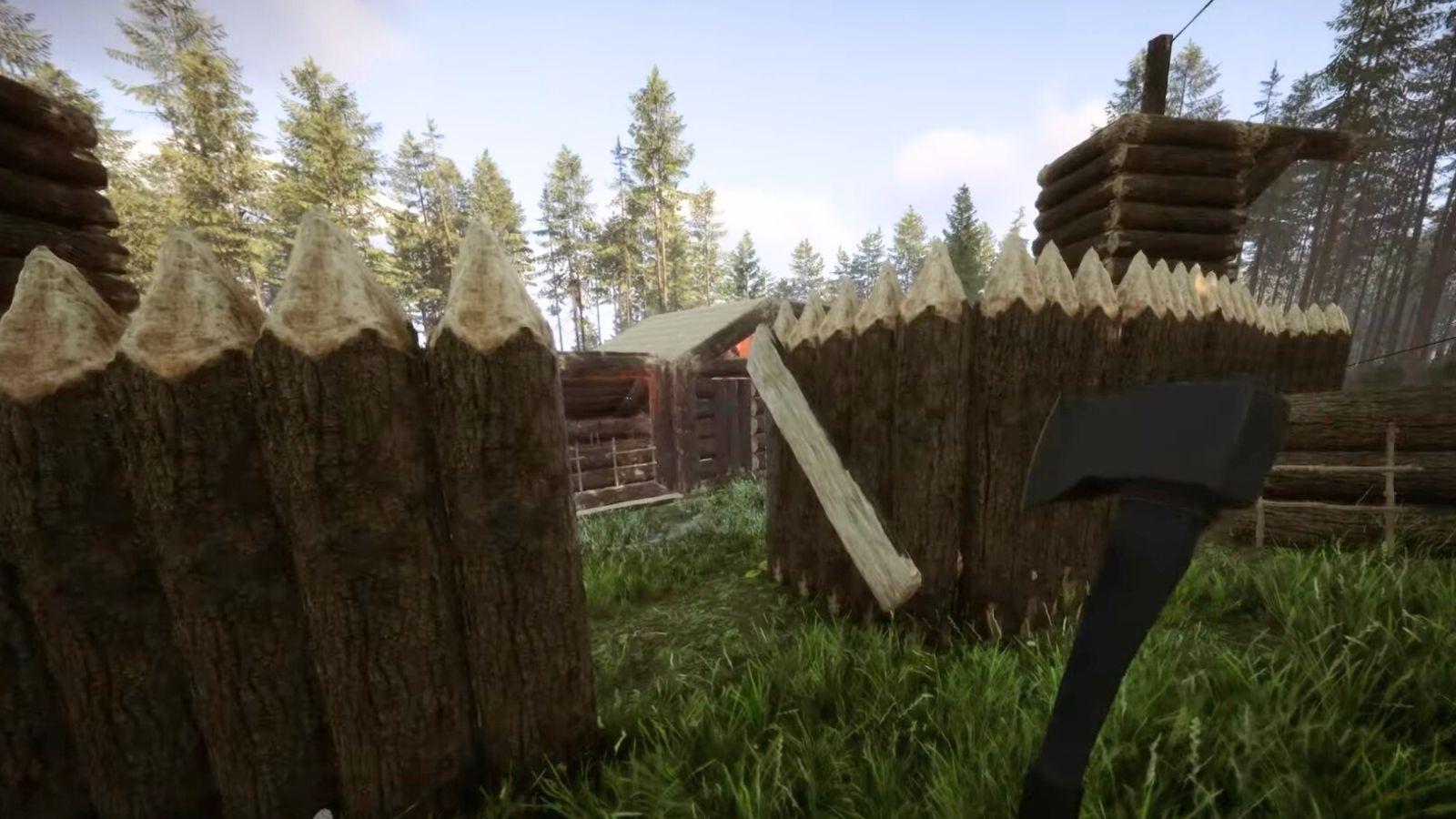 Building a defensive wall gate in Sons of the Forest.