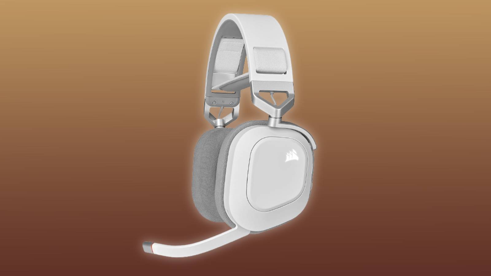 Image of the CORSAIR HS80 RGB WIRELESS Multiplatform Gaming Headset on a yellow and brown background.