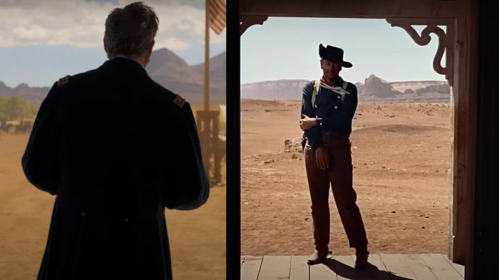 Kevin Costner in Horizon on the left and John Wayne in The Searchers on the right