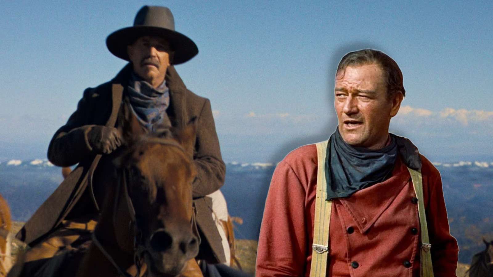 Kevin Costner in Horizon on a horse and John Wayne in The Searchers