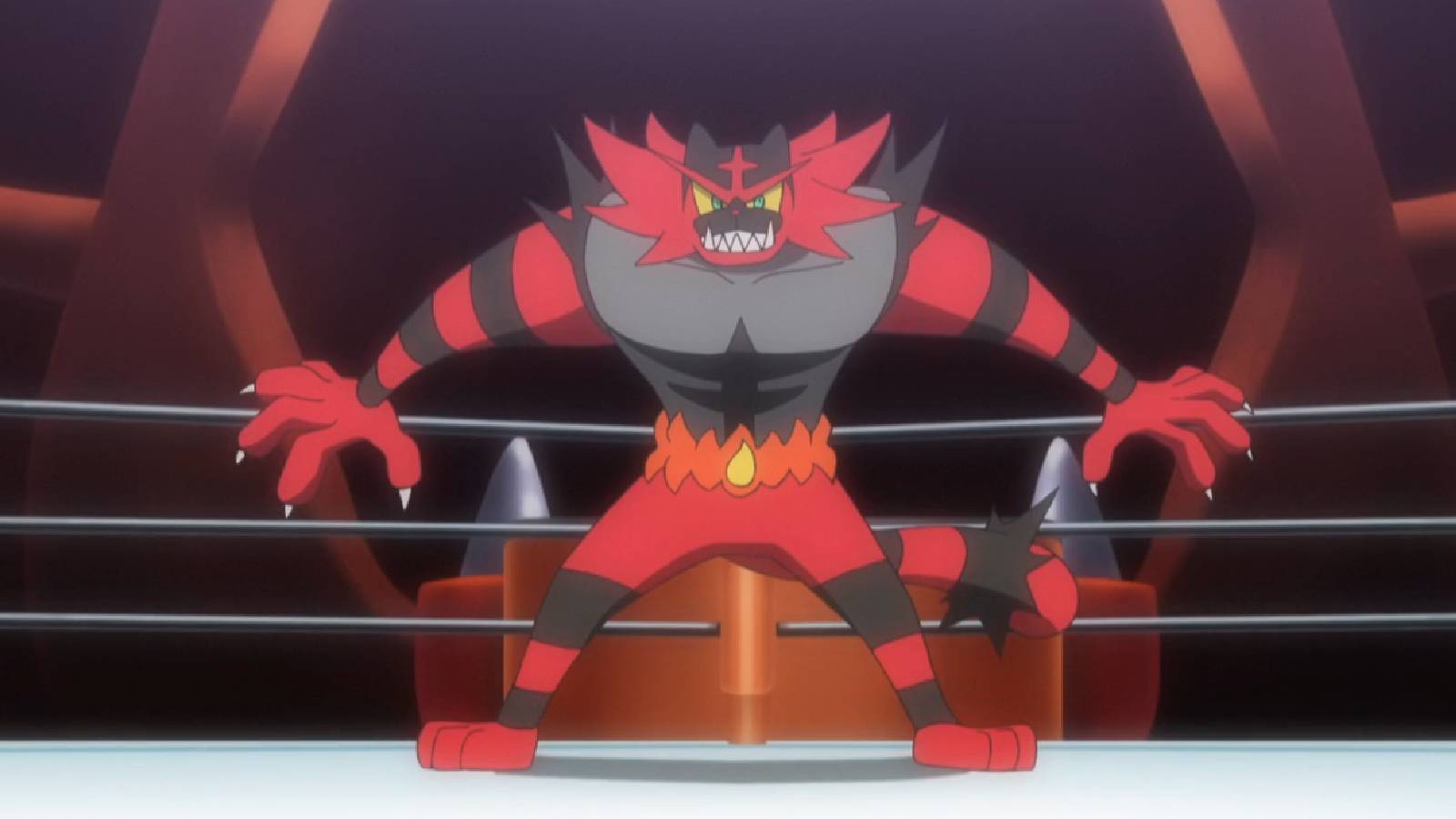 The Pokemon Incineroar stands in a wrestling ring