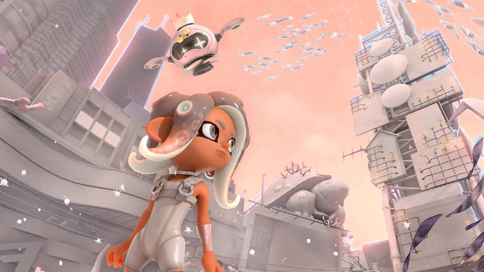 Splatoon 3 key art shows Agent 8 and the Pearl drone stood in front of The Spire