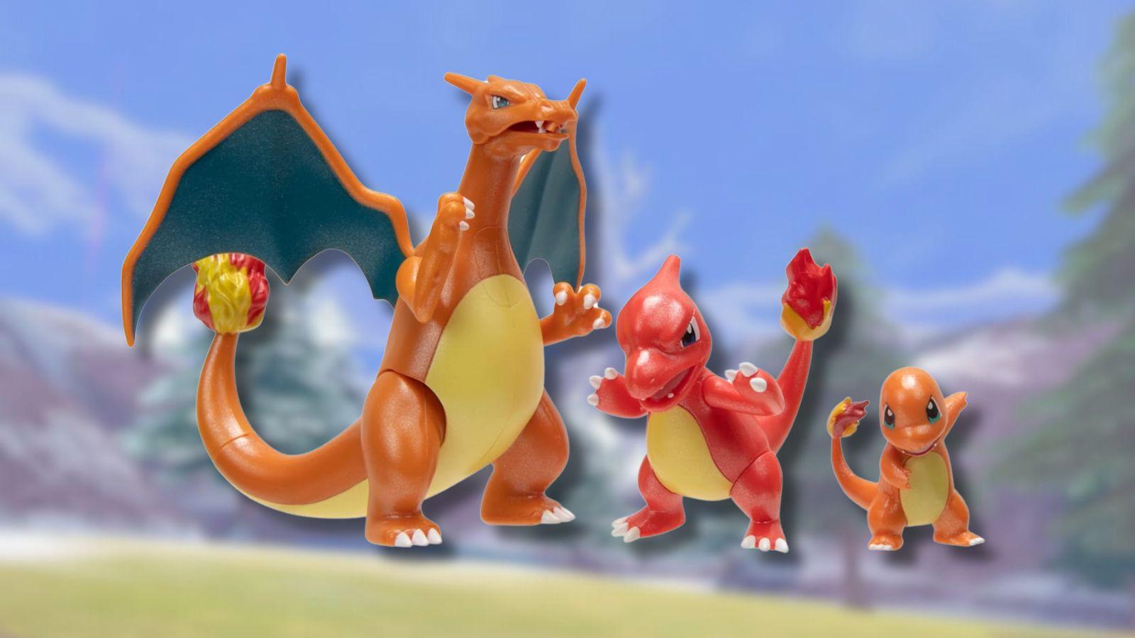 Charizard evolution chain with forest background.