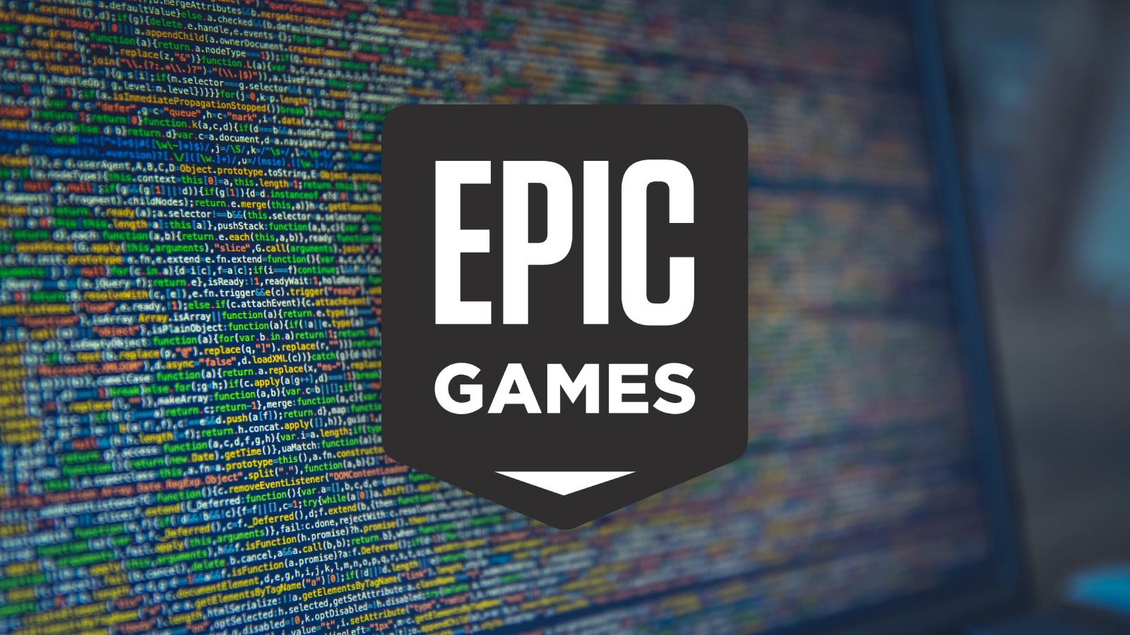 Epic games logo on background of laptop with code