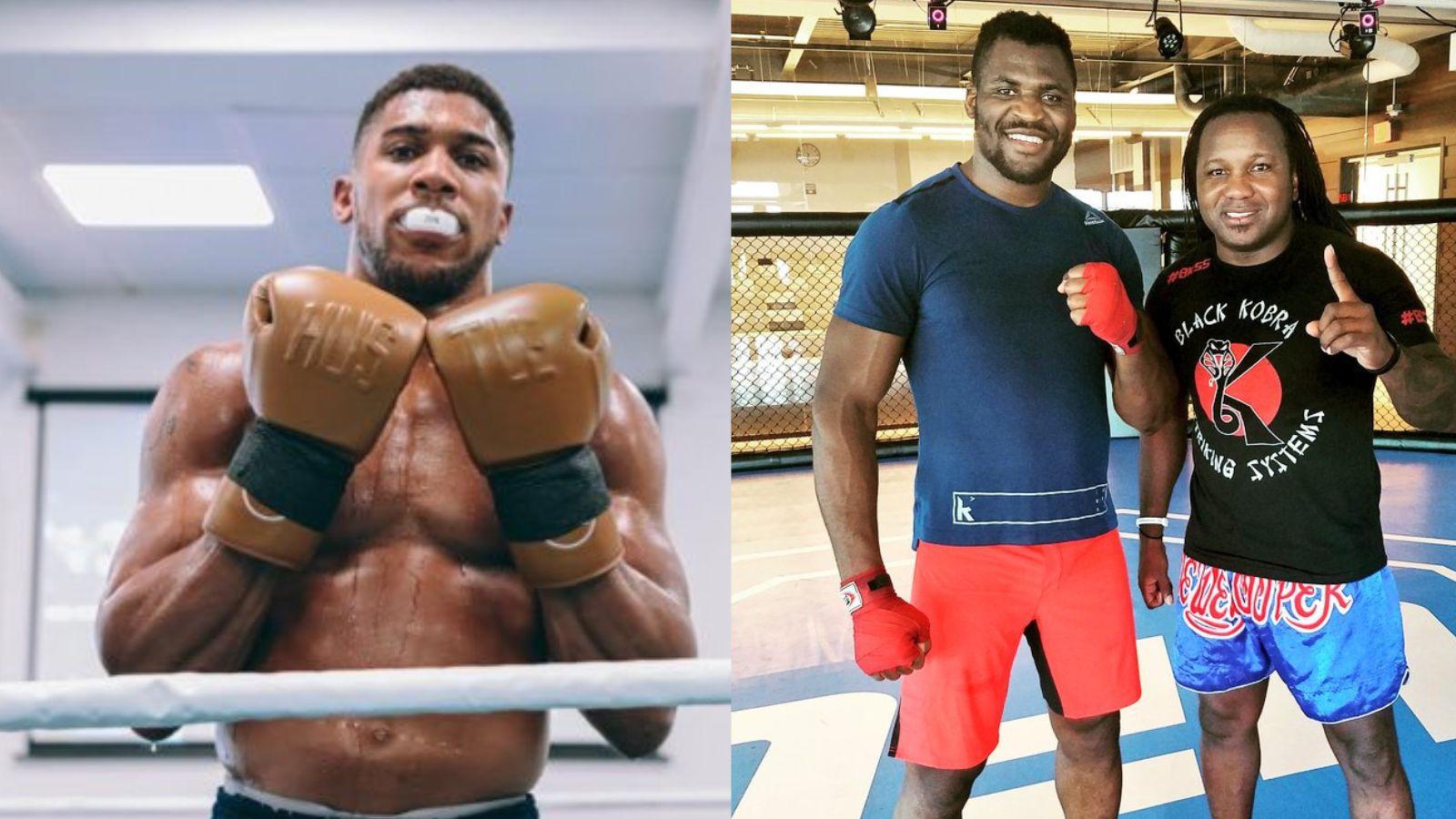 Anthony Joshua (left) and Francis Ngannou alongside coach Dewey Cooper (right) in separate sparring sessions.