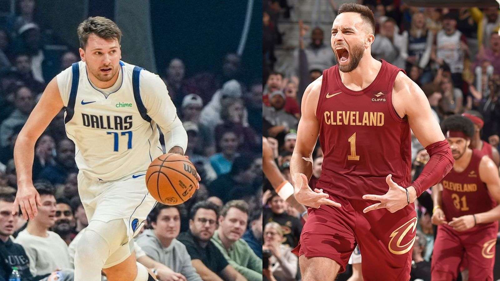 Dallas Mavericks' Luka Doncic (left) and Cleveland Cavaliers' Max Strus (right) in their February 27 matchup.